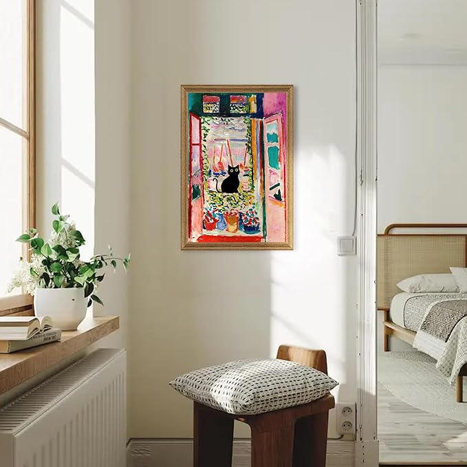 Fantasy Artists Henri Matisse Cat Wall Art, Framed Open Window Black Cat Canvas Poster Prints, Abstract Aesthetic Wall Decors for Living Room, Oil Paintings for Room Bathroom Decorations 20" X 30"
