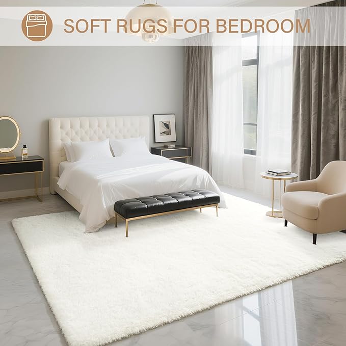 BENRON Fluffy Rugs for Living Room 7x10 Cream White, Washable Large Area Rugs for Bedroom Dining Table Office Kids Nursery Room, Washable Indoor Floor Carpets