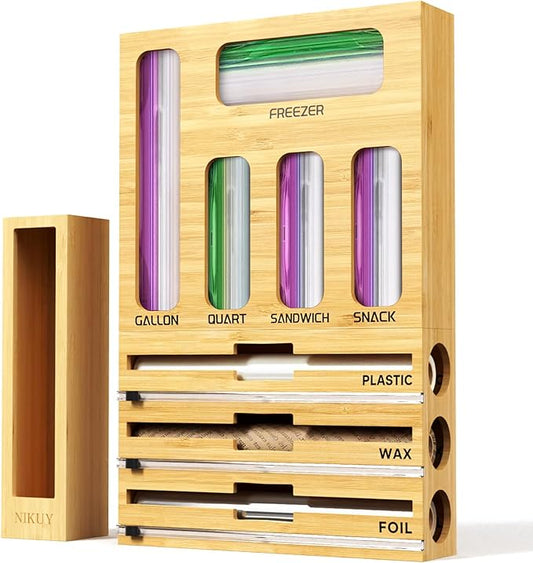 9 IN 1 Bamboo Foil and Plastic Wrap Organizer for Kitchen Drawer, Plastic Bag Organizer Organization and Storage, Food Storage Bag Organizer with Labels for Quart Gallon Snack Sandwich Bag