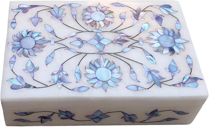 Marble Jewelry Box with Floral Mother of Pearl Inlay 6x4"inch – Handmade Marble Keepsake Organizer for Jewelry & Makeup, Decorative Trinket Box, Ideal Anniversary & Housewarming Gift for Women