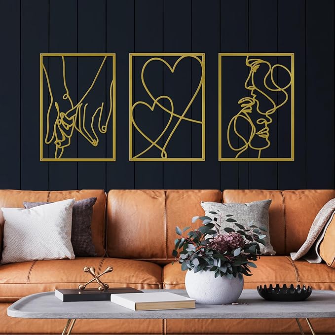 3 Pieces Metal Minimalist Line Wall Art, Valentine's Day Lover Kiss Hand Metal Wall Decor, Aesthetic Modern Home Hanging Wall Art Decor for Bedroom Bathroom Living Room (Gold)