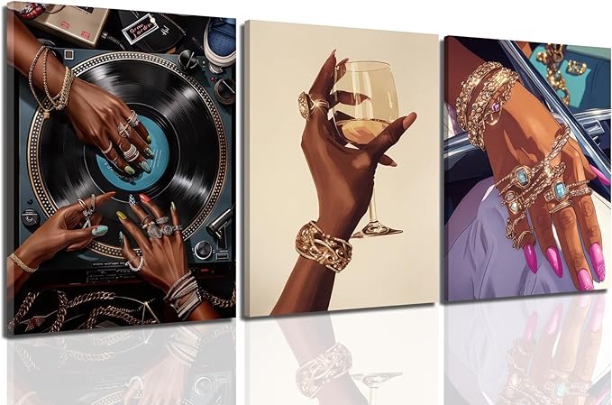 YFvrPt Black Woman Wall Art Set of 3, Trendy African American Women Wall Decor Black Girl Song Lover Canvas Poster Prints Aesthetic Pictures for Bedroom Living Room Framed 16x24 inch