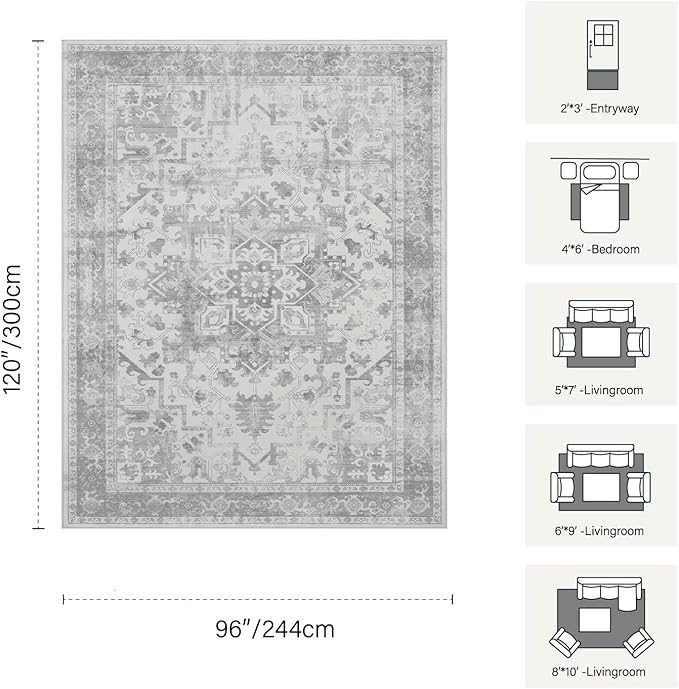 Rugxara 8x10 Washable Area Rug for Living Room, Extra Large Neutral Vintage Boho Rugs for Office, Kids Room, Farmhouse, Durable Low Pile Non Slip Carpet for High Traffic Areas, Light Grey