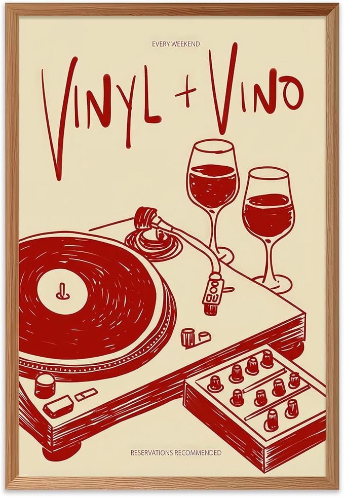 Vintage Wall Art Vinyl & Vino Canvas Poster Trendy Music Poster Retro Music Records Canvas Wall Art Modern Mid Century Vinyl Lover Aesthetic Prints Painting for Home Wall Decor, 16x24inch Unframed