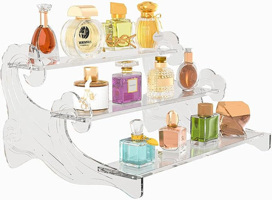3-Tier Acrylic Display Shelf for Perfume Organizer, Cupcake Stand, Collectible Figures - Clear Fragrance Rack, Dessert Tower