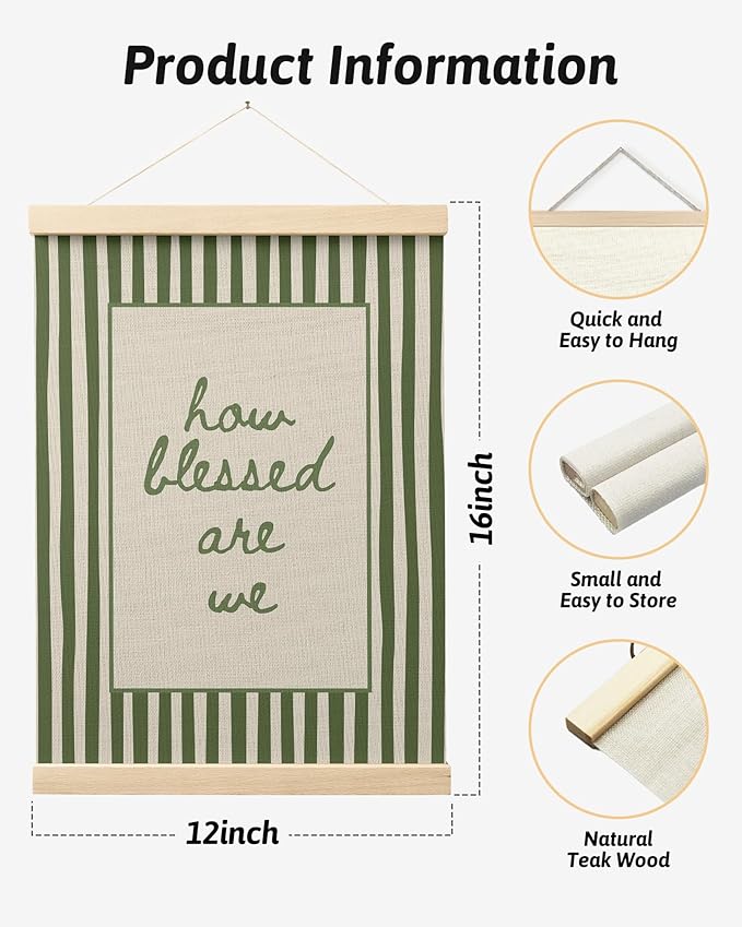 FGFK How Blessed Are We Christian Wall Art Poster Hanger Frame, Christian Home Decor, Trendy Retro Green Striped Religious Bible Verse Canvas Prints Framed Wall Decor for Bedroom Room Dorm, 12x16 Inch