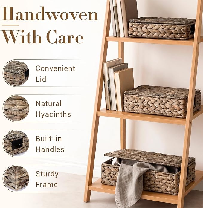 3 Pcs Wicker Storage Baskets with Lids 16" 14" 12" Water Hyacinth Pantry Baskets Woven Organizers Decorative Storage Boxes for Organizing Shelves, Bedroom, Living Room(Black)
