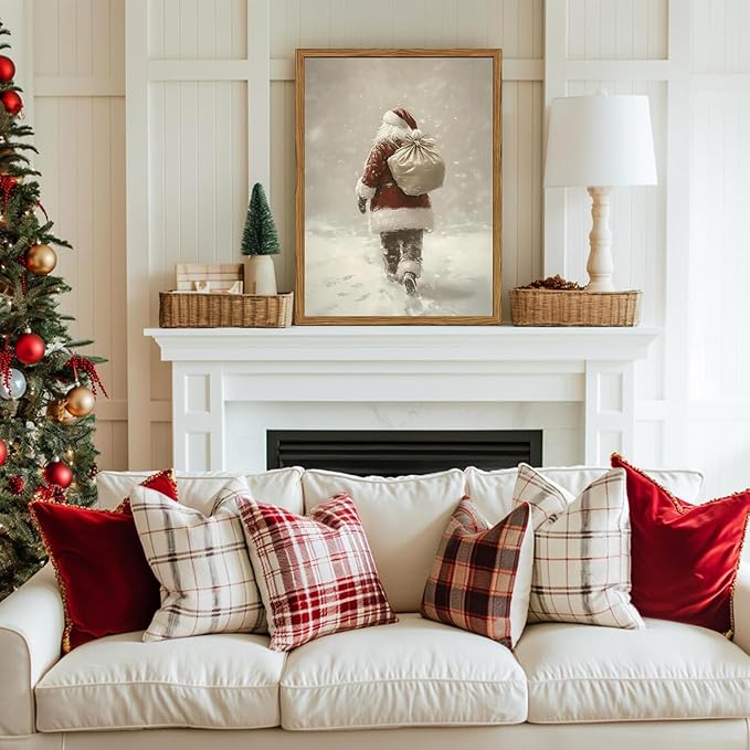 Framed Vintage Christmas Canvas Wall Art, Rustic Santa Claus Walking Snowy Wall Decor Paintings, Winter Holiday Aesthetics Pictures Print Christmas Home Decor for Living Room Bedroom 16x24inch
