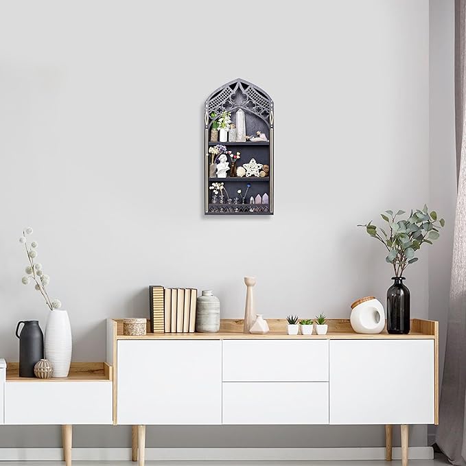 Gothic Window Crystal Shelf Display for Wall, Wooden Gem Stone Rock Storage Holder Trinkets Organizer, Wall Mount Stand Case Box for Witch Wiccan Decor, Spiritual Gift for Home Bedroom Living Room