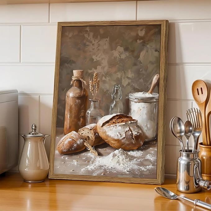 Framed Vintage Kitchen Wall Art, Rustic Bread and Flour Pictures Wall Decor Paintings, Farmhouse Food Poster Canvas Prints Country Home Decor for Dining Room Living Room Bakery 16x24 inch