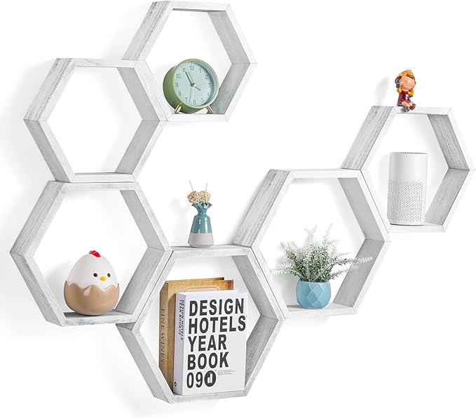 YBING Hexagon Floating Shelves Wall Mounted Set of 6 Honeycomb Shelves Wood Hexagonal Storage Hanging Shelves Farmhouse Wall Decor Floating Shelves for Bedroom Living Room Grey-White