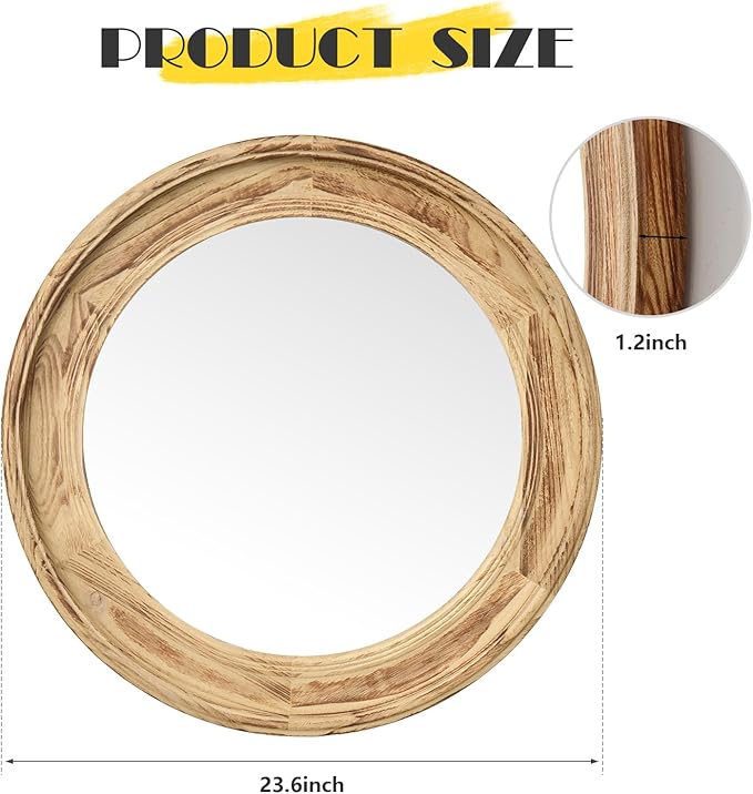 sawsile Round Wood Mirror 24" Natural Circle Wooden Nursery Farmhouse Rustic Decorative Large Wall Mirror for Bathroom,Living Room, Fireplace,Hallway