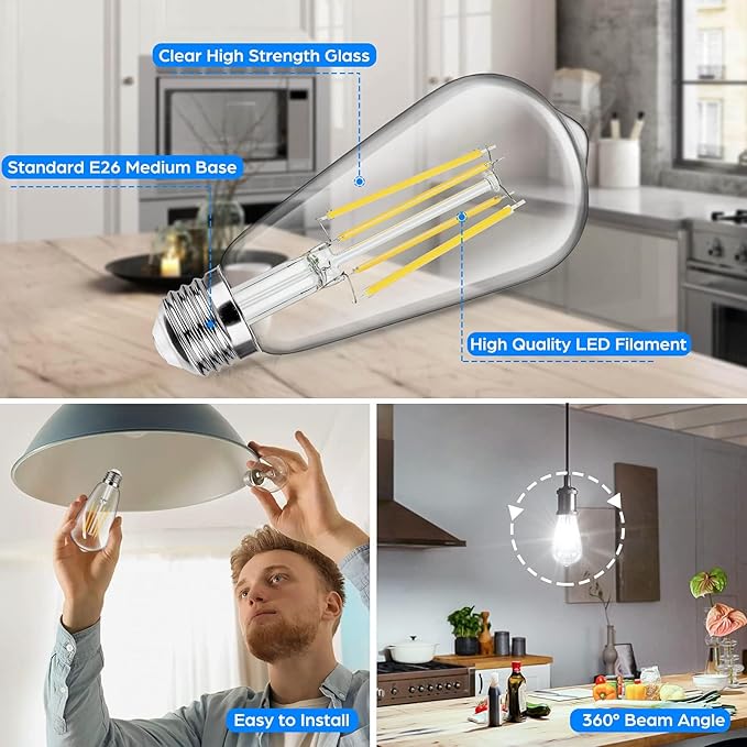 12-Pack Vintage E26 LED Edison Bulbs 100W Equivalent 1400LM High Brightness 8W ST58 LED Filament Light Bulbs 5000K Daylight White Medium Base CRI90+ Antique Clear Glass for Home Kitchen, Non-dimmable