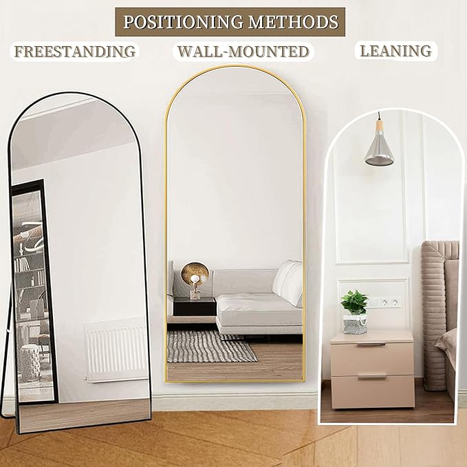 OGCAU Full Length Mirror, 70"x26" Arched Full Body Floor Mirror with Stand, Hanging or Leaning, Standing, Wall Mounted with Aluminum Frame for Bedroom Living Room (Black)