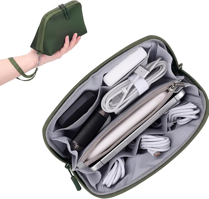 FYY Travel Cable Organizer - 8 Compartments Lightweight Water Resistant Tech Pouch with Wrist Strap, Portable Electronic Accessories Case for Cord Charger Storage for Travel Home Office, Green (Small)