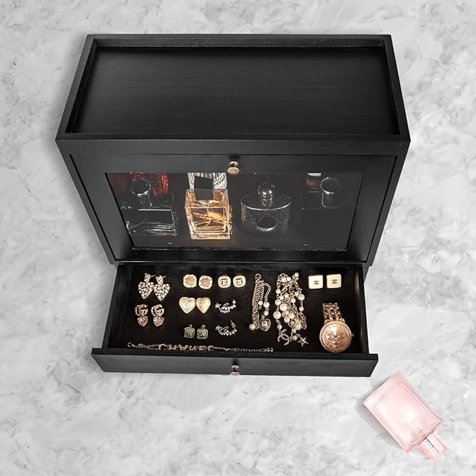 Wooden Cologne Organiser with Acrylic Display & Drawer,Vanity Storage Rack for Perfumes,Jewellery & Cosmetics,Cologne Display Stand for Men & Women,Bedroom and Bathroom Vanity Storage Black