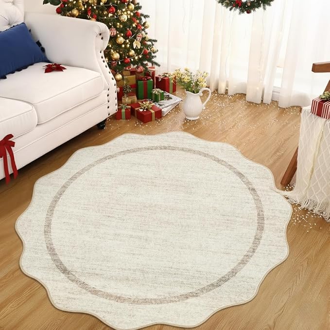 GarveeHome Scalloped Round Rugs 6 ft Washable Area Rug for Playroom, Kids Non-Slip Neutral Classic Circle Rug Modern Large Carpet Soft Boys Rug for Classroom Dorm Bedroom, Beige