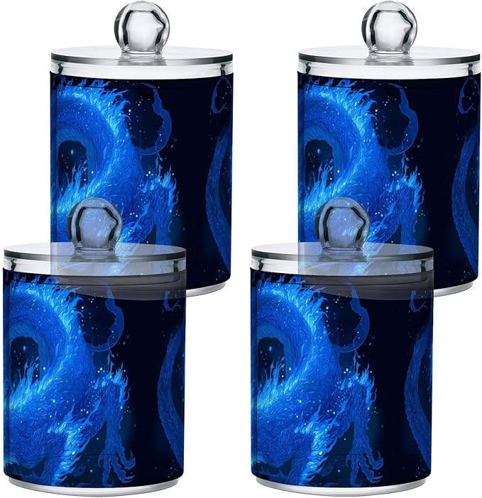 2 Pack Apothecary Jars Dark Blue Fire Dragon Bathroom Vanity Storage Organizer Set,Small Clear Plastic Storage Jars Bathroom Canister for Cotton Swabs, Rounds, Balls, Qtips,Makeup Sponges, Flos