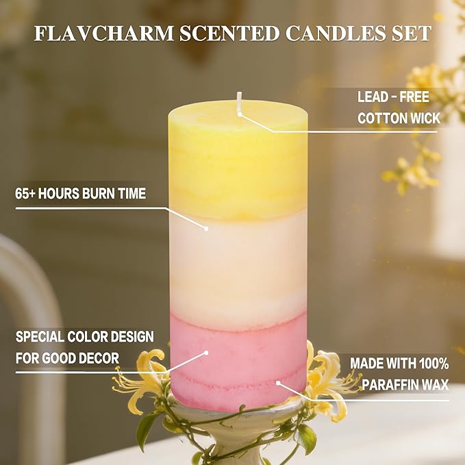 Sweet Honeysuckle Scented 3x6 Inch Pillar Candles Yellow White Pink Layered Aesthetic Decorative Home fragrances Candle for Spring Living Room Bathroom Party Decor, Set of 3