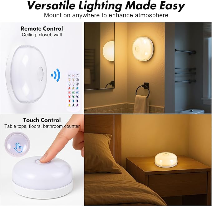 4-Pack Rechargeable Shower Light No Wiring, 15 RGBW Color Changeable Waterproof Lights for Shower with Remote(Dimmable＆Timer), LED Light for Inside Shower, Wireless Mood Lighting for Bathroom, White