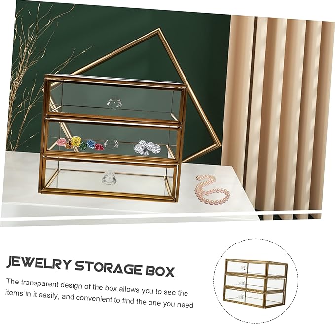 3-Tier Drawer Jewelry Storage Box Glass Organizer Alloy Frame for Necklaces Bracelets Earrings and Cosmetics for Home or Travel