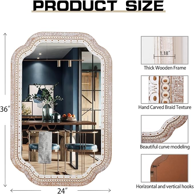 Reflinto 36x24 inch Rustic Farmhouse Wall Mirrors for Entryway, Boho Wooden Scalloped Decorative Mirror for Bathroom Over Sink, Foyer, Hallway, Living Room - Vertical/Horizontal