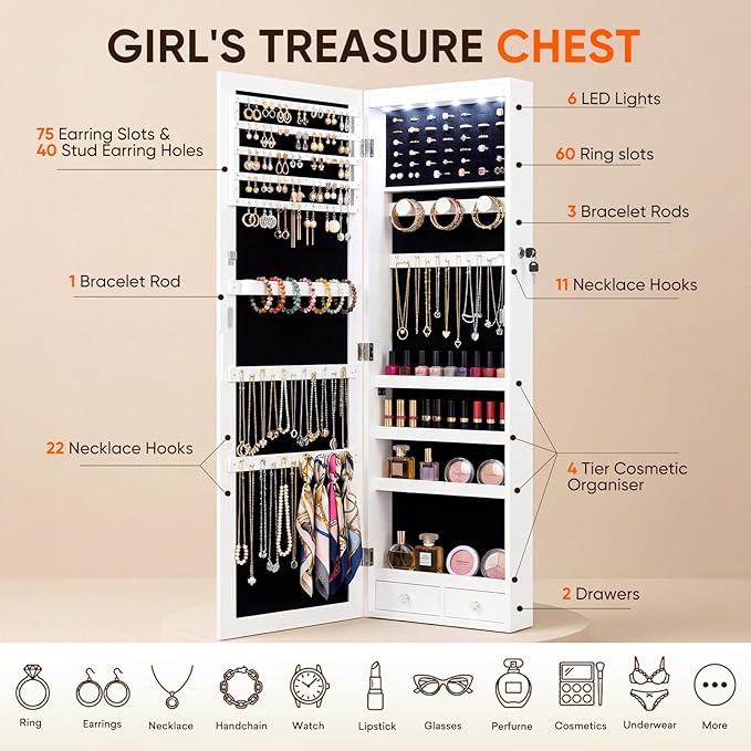 Antok 6 LEDs Jewelry Cabinet with Lock, 48" Full Length Mirror Wall Mounted or Over The Door Jewelry Organizer, Large Capacity Storage for Bedroom&Cloakroom&Entryway, Gift for Women, White