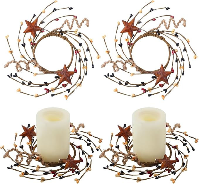 Daifunli 2 Pcs Primitive Pip Berry Candle Ring Rusty Stars Candle Wreath Ring for Pillar 3.9 Inch Candles Holder for Wedding Season Dining Table Centerpiece Decor