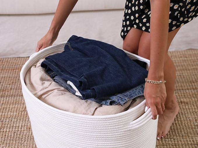 22"x14"x18" Rectangular Extra Large Storage Basket With Lid, Large Cotton Rope Storage Basket, Woven Laundry Hamper, Cloth Storage Bin, for Clothes Towels Blankets in Living Room, All White