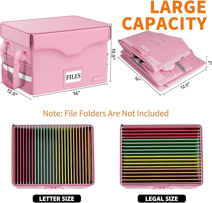 DocSafe 5200°F Fireproof Document Box with Lock,Heat Insulated File Organizer Storage with Pockets,Collapsible Portable Home Office File Safe Box with Handle for Hanging Letter/Legal Folders, Pink