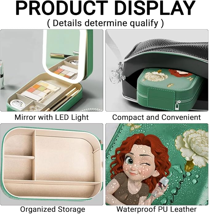 Wrappiness Women & Girls Floral Makeup Box With LED Mirror - Personalized Birthmonth Flower Travel Jewelry Organizer Gift for Daughters Sisters on Birthday (Floral Heart, Aged Women)