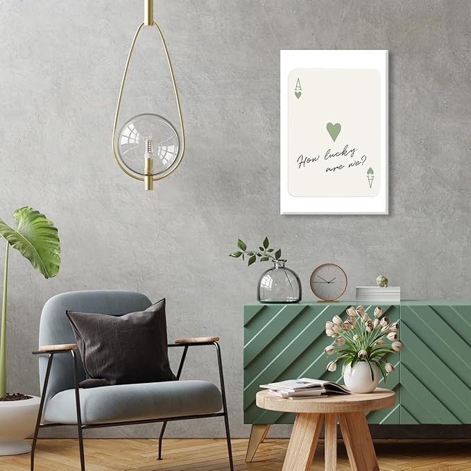 abrtolpffo Trendy How Lucky Are We Canvas Wall Art, Sage Green Ace of Hearts Poker Art Print, Retro Playing Card Aesthetic Poster for Bedroom, Inspirational Quotes Wall Decor 8x12in Wrapped Canvas