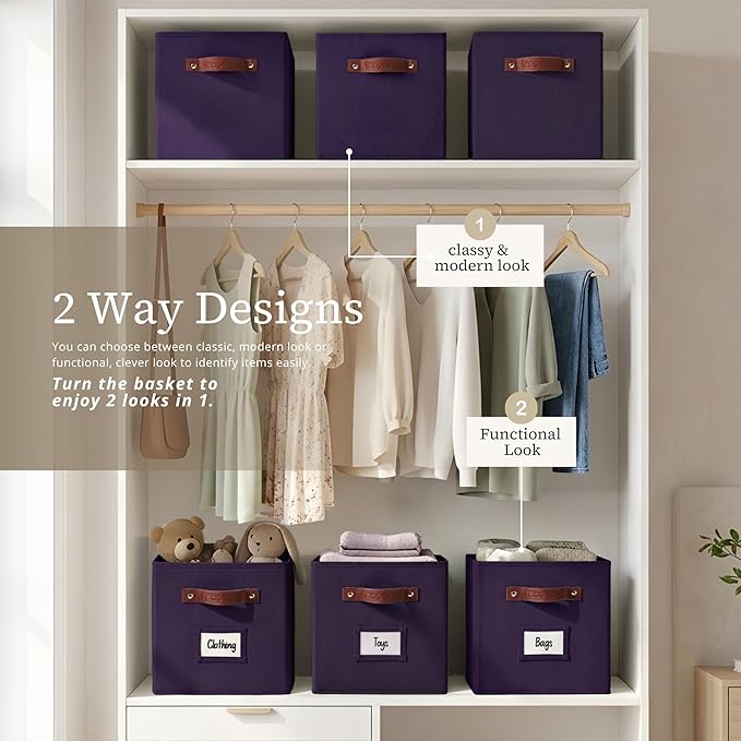DECOMOMO Storage Bins, Cube Storage Bin with Labels, Fabric Storage Cubes for Shelves (10.5" x 11" / 6pcs, Deep Violet)
