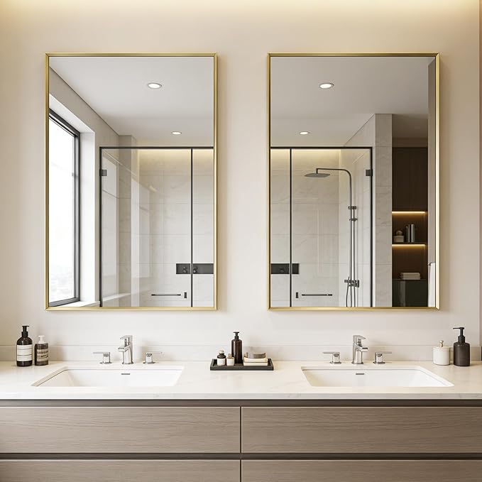 Bathroom Mirror for Wall, 36x24 Inch Metal Framed Mirror, Brushed Gold Rectangle Mirror, Bathroom Vanity Mirror Farmhouse, Tempered Glass, Anti-Rust, Hangs Horizontally or Vertically