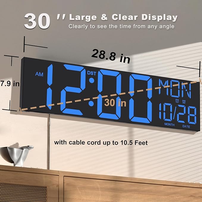 JALL 30" Large Digital Wall Mount Clock with Remote Control, Alarm, Big LED, Countdown, Auto DST, Temperature for Living Room Classroom Desk, Xmas, Birthday Gift for Senior Men Women Mom Dad, Blue