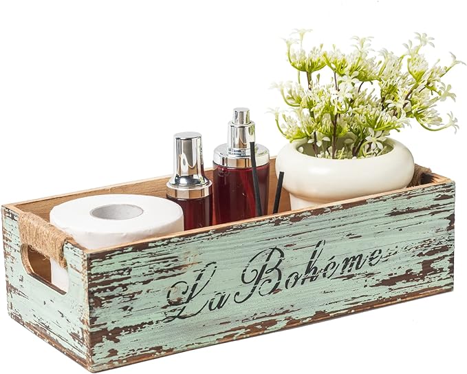 TIMRIS Farmhouse Distressed Wooden Storage Box, Rustic Bathroom Decor Box, Decorative Toilet Tank Basket, Vintage Countertop Organizer Box with Handles (Distressed Green)