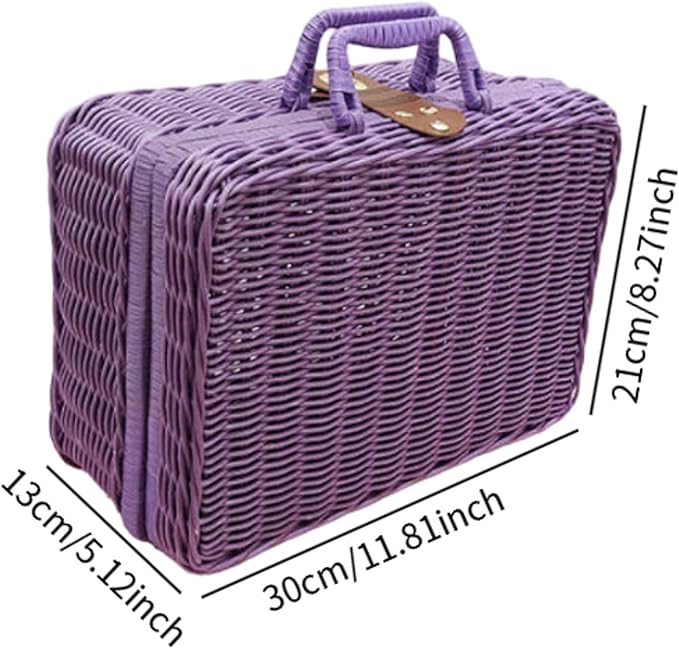 Woven Suitcase Imitation Rattan Storage Basket Portable Photo Prop Makeup Case Picnic Basket for Tabletop Bathroom Household, Violet L