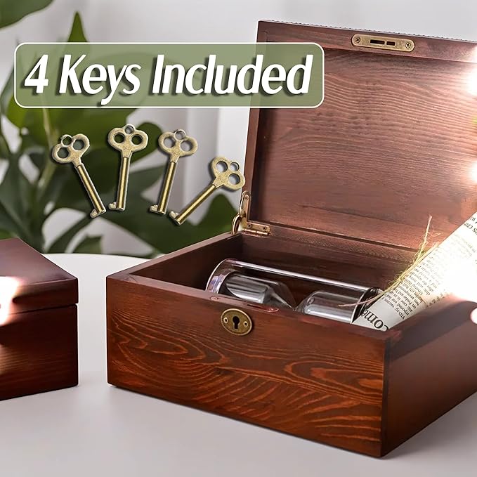 Wooden Box with Hinged Lid - 2 Pack - Vintage Decorative & Lockable Chest - for Keepsakes, Valuables, Accessories, Treasured Items - Walnut-Like Wood Finish, Aged Brass Hinges & Antique Lock