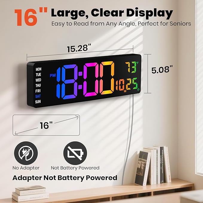 Pytha Sight 16 Inch Large Digital Wall Clock, Large LED Display Digital Wall Clock with Temperature (°C/°F), Remote Control, Auto-Dimming, Night Light for Classroom,Bedroom, Garage,Gym,Seniors Gift