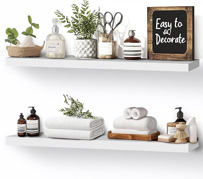 Floating Wall Shelves 2-Pack - Rustic White 16-inch Wooden Wall Shelves for Storage and Décor, Multi-Functional and Easy to Install for Living Room, Bedroom, and Kitchen