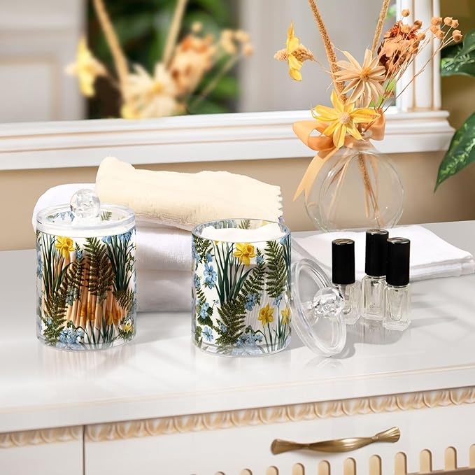 2 Pack Apothecary Jars Vibrant Wildflower Garden Floral Bathroom Vanity Storage Organizer Set,Small Clear Plastic Storage Jars Bathroom Canister for Cotton Swabs, Rounds, Balls, Qtips,Makeup Sp
