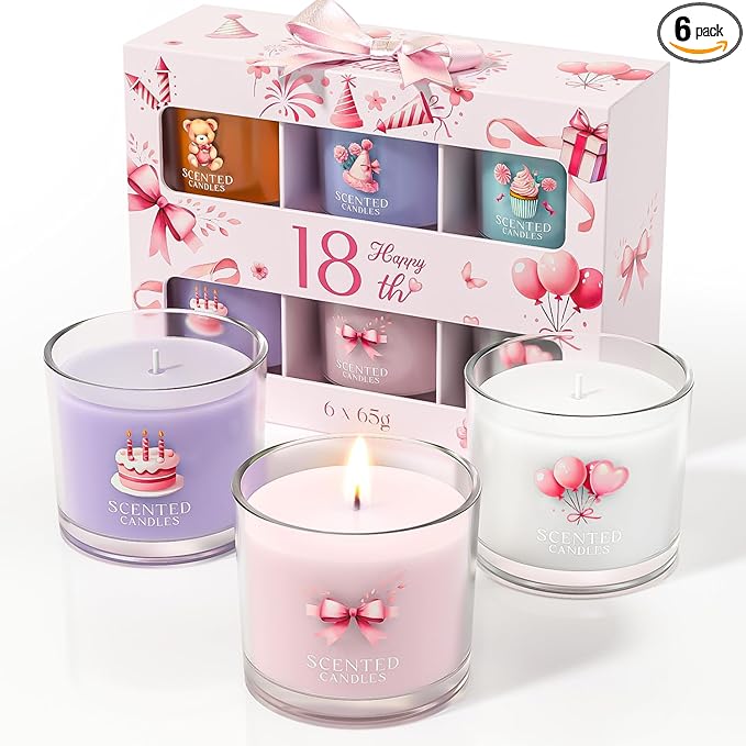 CHILLFLAME 18th Birthday Gifts for Girls, Birthday Candle Gift Set for Her, 6 Scented Votive Candles, Candles Gifts for Women/Men (6 Color, 14 oz)