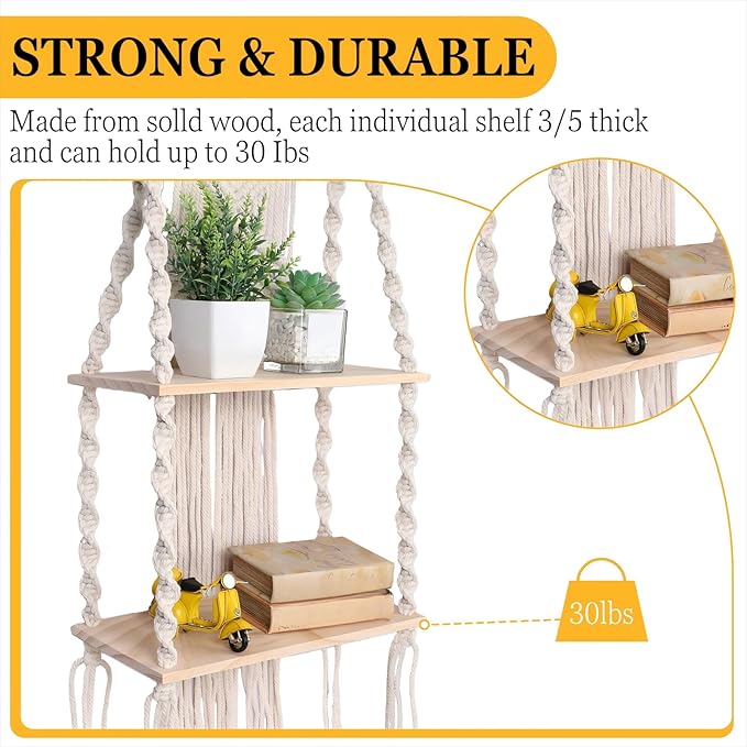 Barydat 1 Pack Macrame Wall Hanging Shelf 2 Tier Handmade Boho Hanging Wall Shelf Floating Woven Rope Decorative Storage Racks Holder Organizer for Home Bedroom Bathroom Plants, Beige (Classic)
