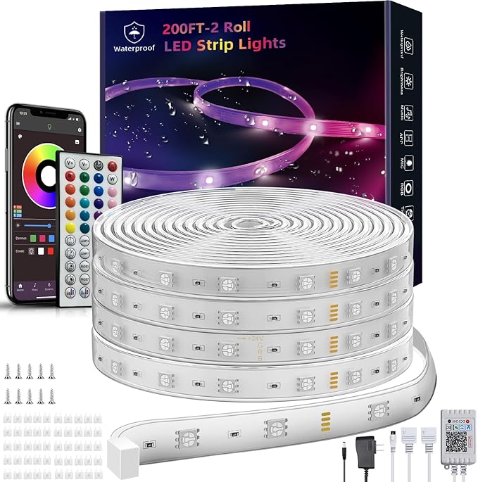 Ledagic Outdoor Led Strip Lights Waterproof 198ft (2*99ft), Ip65 Outside Led Light Strip Waterproof with Remote and App Control, Exterior Led Rope Lights Music Syne RGB Strip Lights for Bedroom Decor