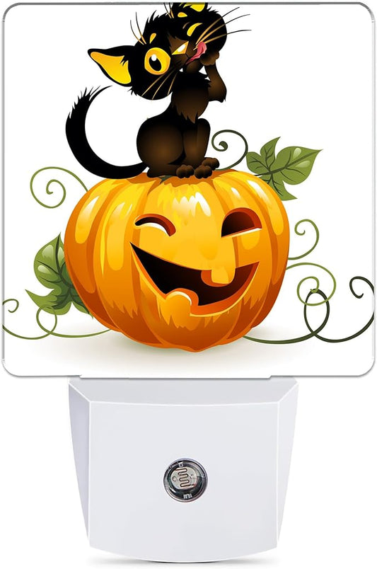 Halloween Night Light, Cute Black Cat and Pumpkin Night Lights Plug into Wall Decorations for Bedroom, Bathroom, Dusk to Dawn Sensor Nightlights for Girls Women Room Gifts