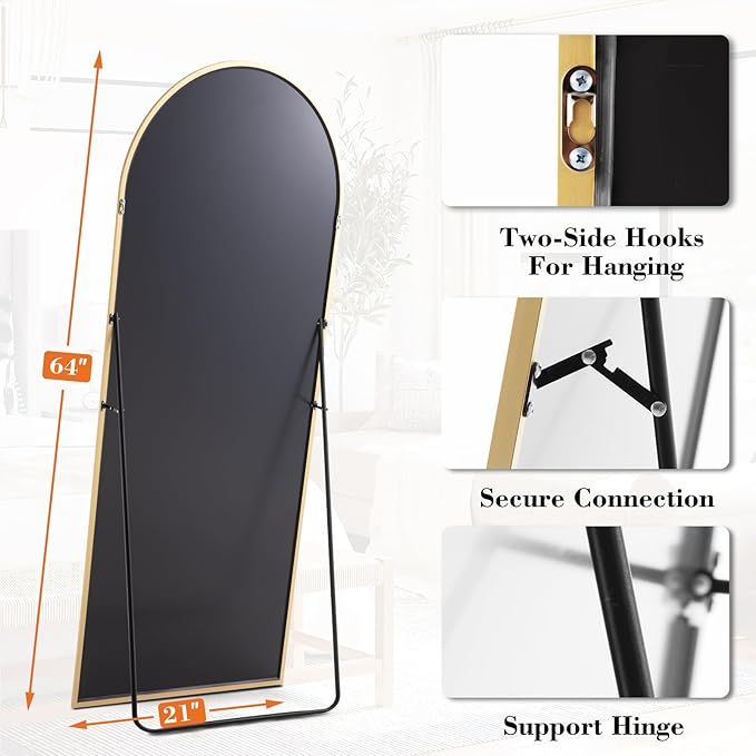 DUMOS 64"x21" Arched Full Length Mirror with Stand Floor Free Standing Aluminum Frame for Bedroom Body Hanging Leaning Modern Simple Home Decor Shatter-proorf Nano Glass Wall, Gold-Rounded