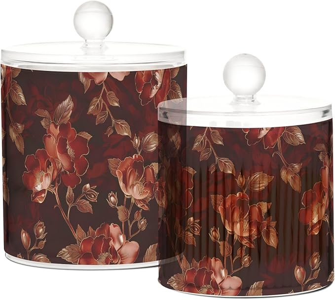Reddish-brown Vintage Flowers Clear Plastic Makeup Organizer Storage with lid Pantry Essentials Decorative Dental floss storage jar for Cotton Swabs,Cotton Pads,Floss Picks,Paper Clips,Hair