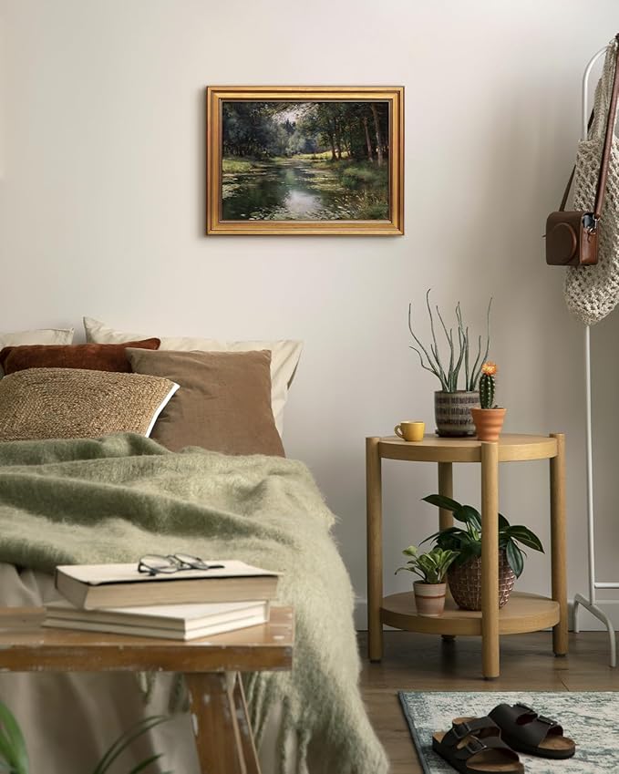 Bzstyleart Vintage Wall Art Decor for Office, Vintage Gold Framed Landscape Wall Art, Forest Riverside Painting, Room Decor Aesthetic for Living Room, 12 x 16 Inch