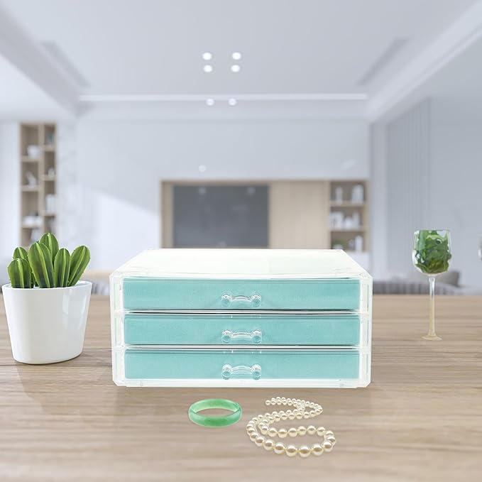 Beaupretty 3-drawer Blue Acrylic Jewelry Organizer Box Multi-layer Makeup Storage Case with Earring and Ring Compartments for Women’s Travel and Home Use