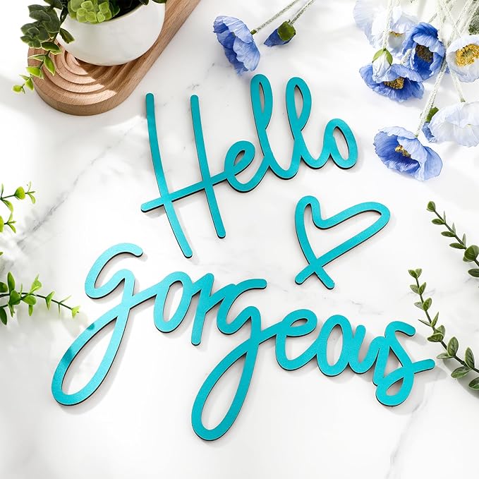Blulu Hello Gorgeous Wall Decor Sign Hello Gorgeous Wall Art Minimalist Wooden Words Decor for Lash Room, Salon, Vanity or Makeup Room, Bathroom, Bedroom, Office(Blue)